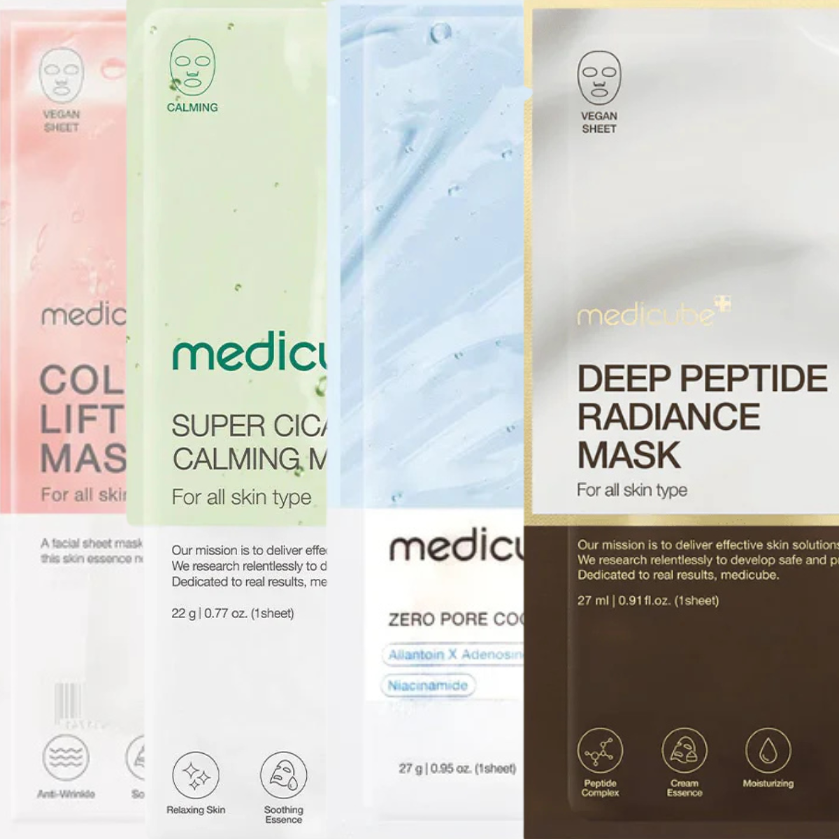 SET de 4 Mascarillas Corenas MEDICUBE Múltiples beneficios y Ahorro