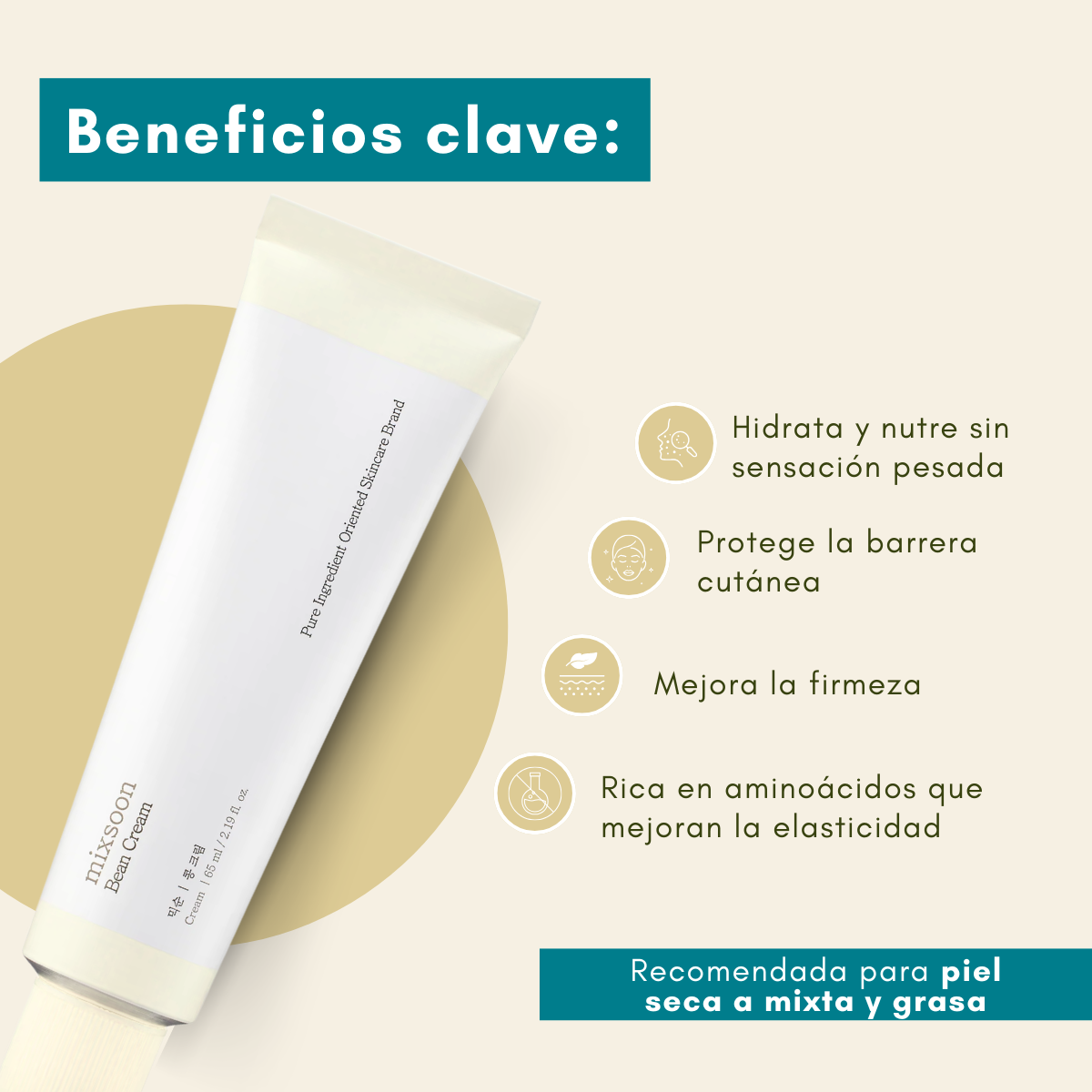 Crema facial Mixsoon Bean Cream Tube 65 mL con Ingredientes Fermentados