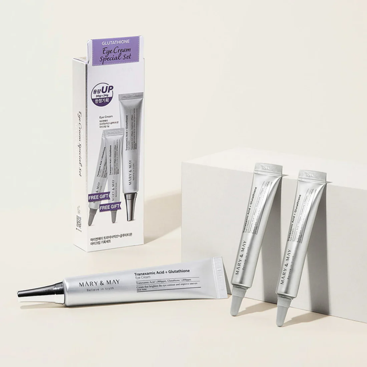 SET Crema Contorno Ojos Mary & May Tranexamic Acid +Glutathione Eye Cream 1+2