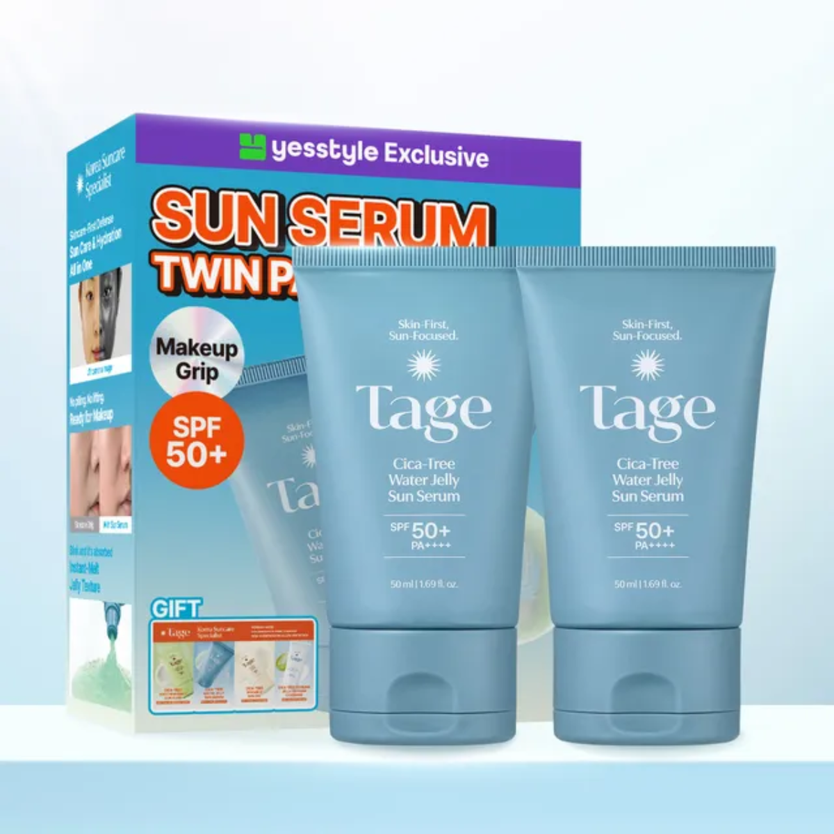Protector solar Twin Pack TAGE CICA-TREE Water Jelly Sun Serum SPF50+ PA++++ 2 x 50 mL más Sachet de Regalo