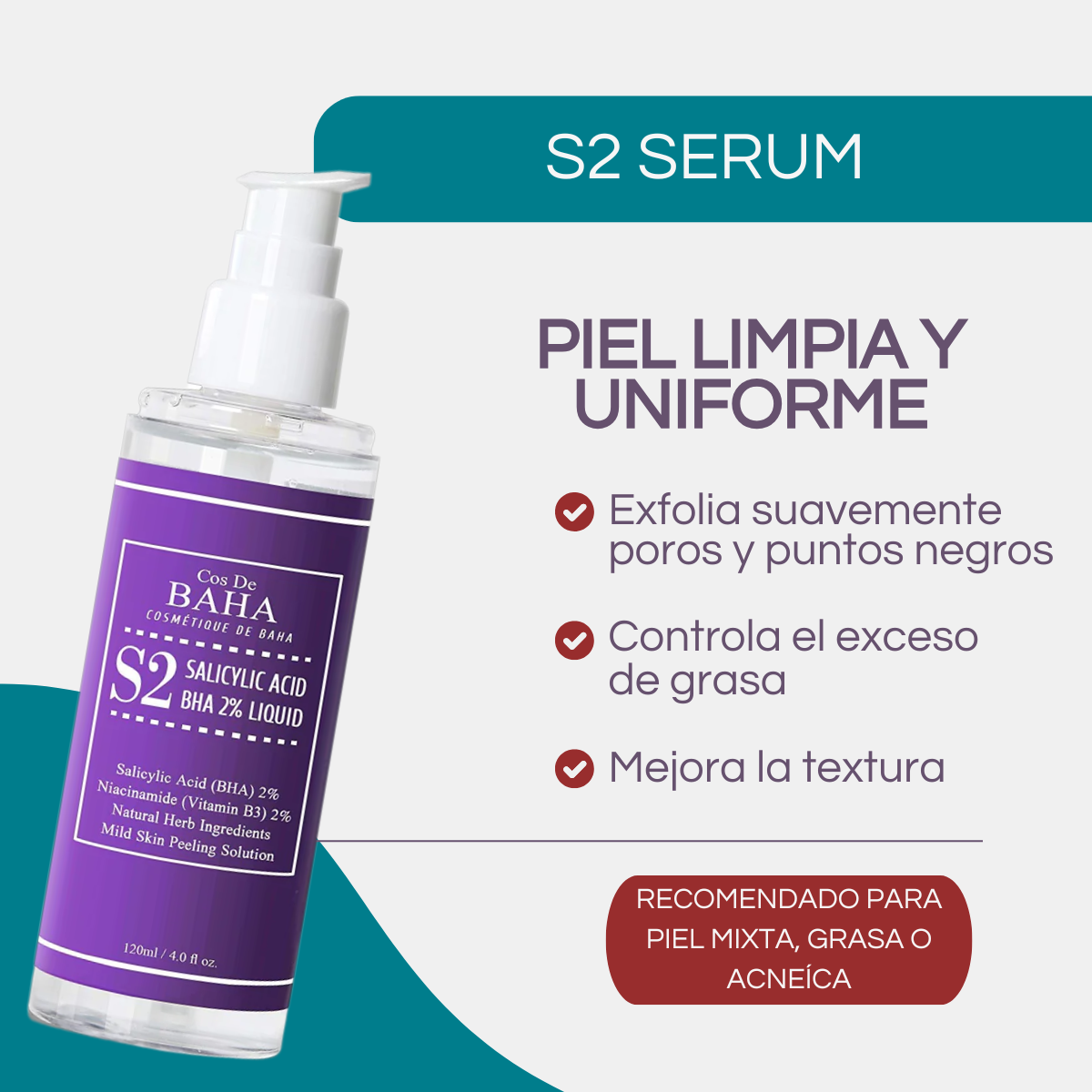 Suero Facial Cos de BAHA S2 Ácido Salicílico BHA al 2% Liquid 120 mL Exfoliante para Puntos Negros