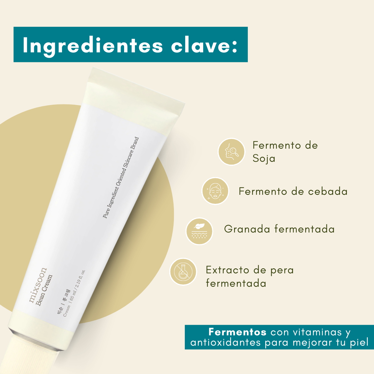 Crema facial Mixsoon Bean Cream Tube 65 mL con Ingredientes Fermentados