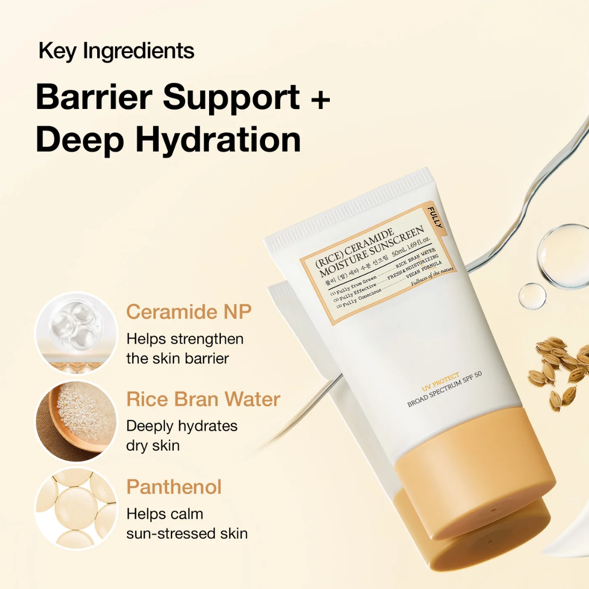 Protector solar hidratante Fully Rice Ceramide Moisture Sun Cream SPF50+ PA++++ 50 mL con Arroz y Ceramidas