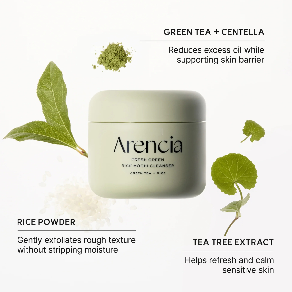 Arroz, té verde y caolín del limpiador facial Arencia