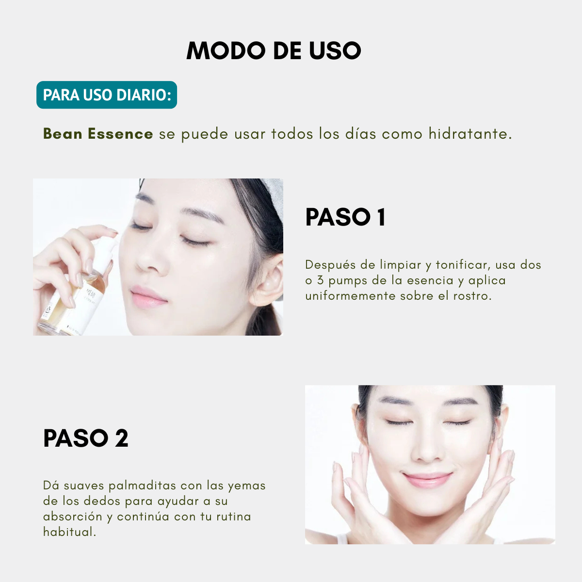 Aplicación de Mixsoon Bean Essence en la rutina facial.