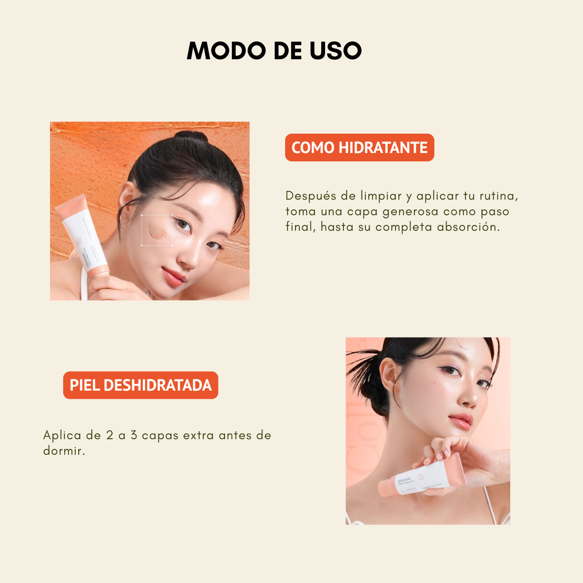 Aplicación de la crema como último paso de la rutina facial.