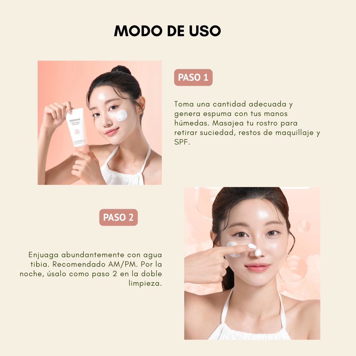 Aplicación del gel limpiador como primer paso de la rutina facial.