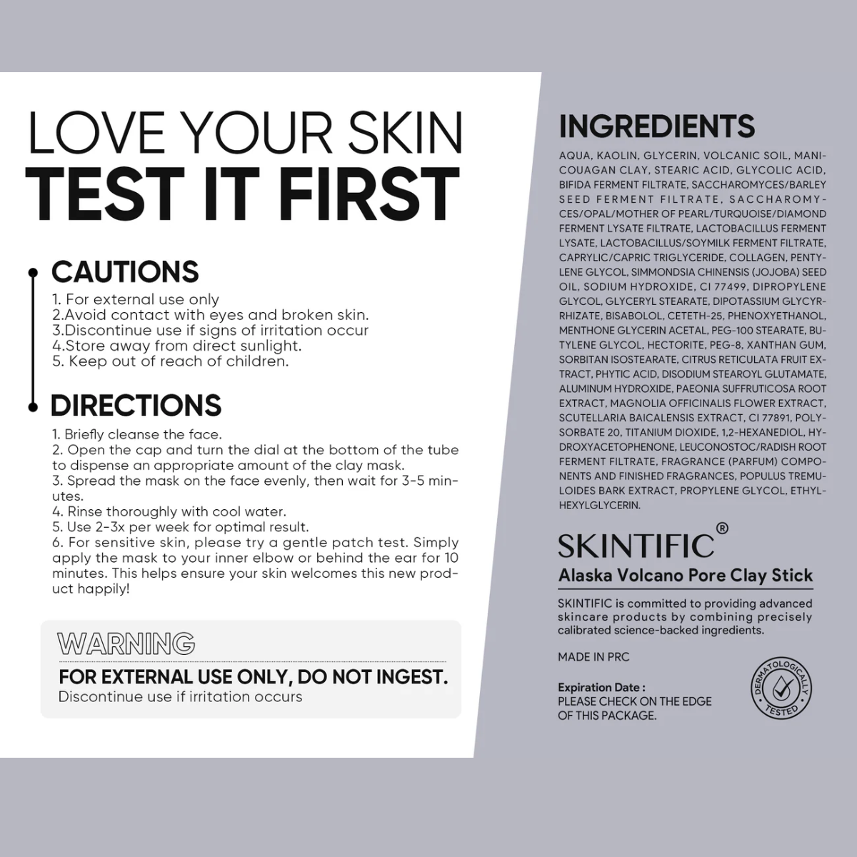 Mascarilla de Arcilla SKINTIFIC Alaska Volcano Pore Clay Stick 40 g para Poros, Control de Sebo y Limpieza Profunda