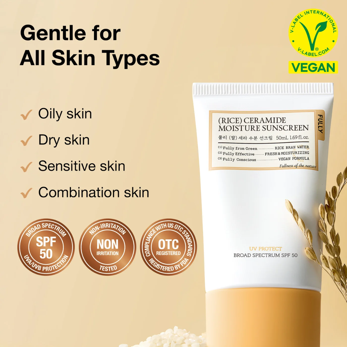 Protector solar hidratante Fully Rice Ceramide Moisture Sun Cream SPF50+ PA++++ 50 mL con Arroz y Ceramidas