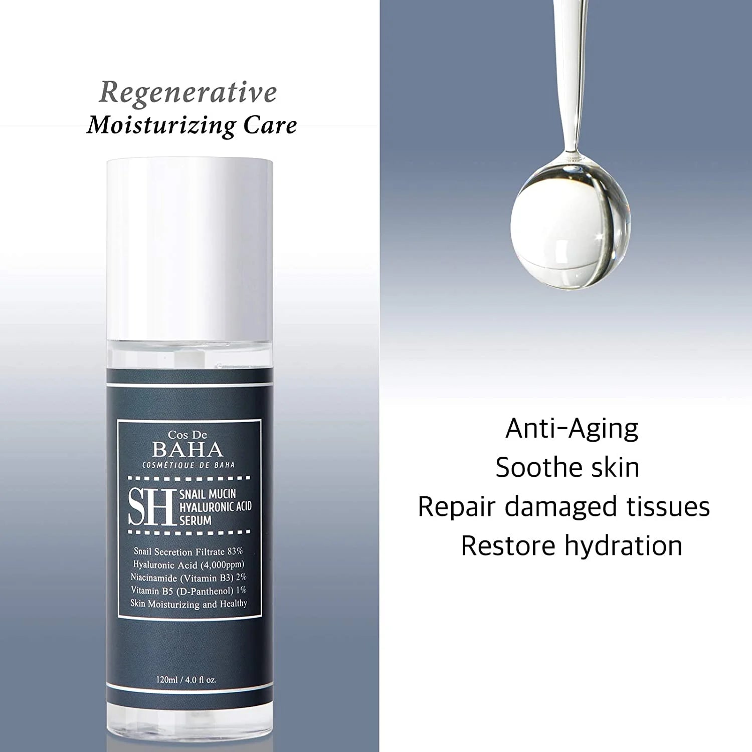 Suero Facial Cos de BAHA SH Snail Mucin + Ácido Hialurónico 120 mL