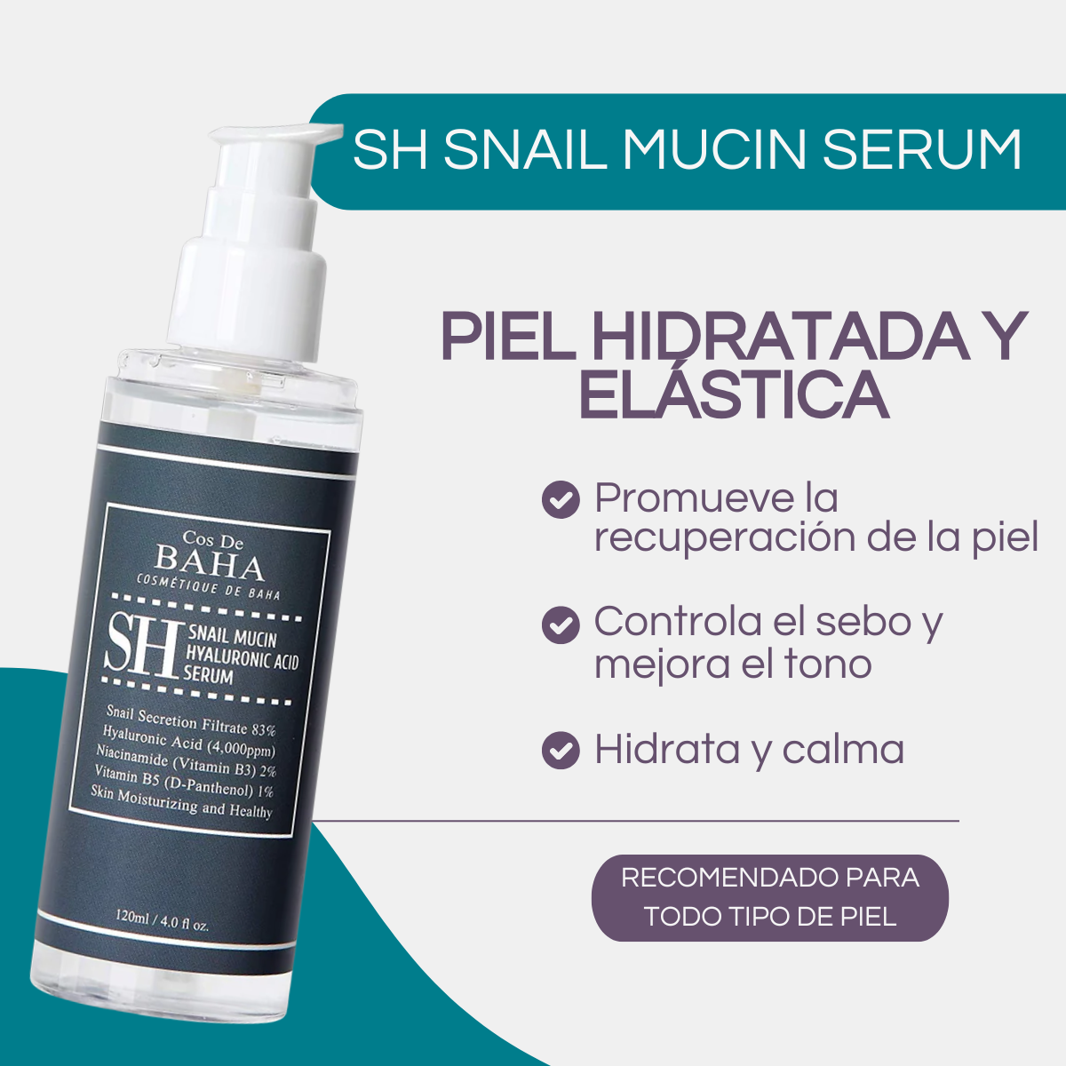 serum coreano de baba o mucina de caracol con niacinamida para control de sebo