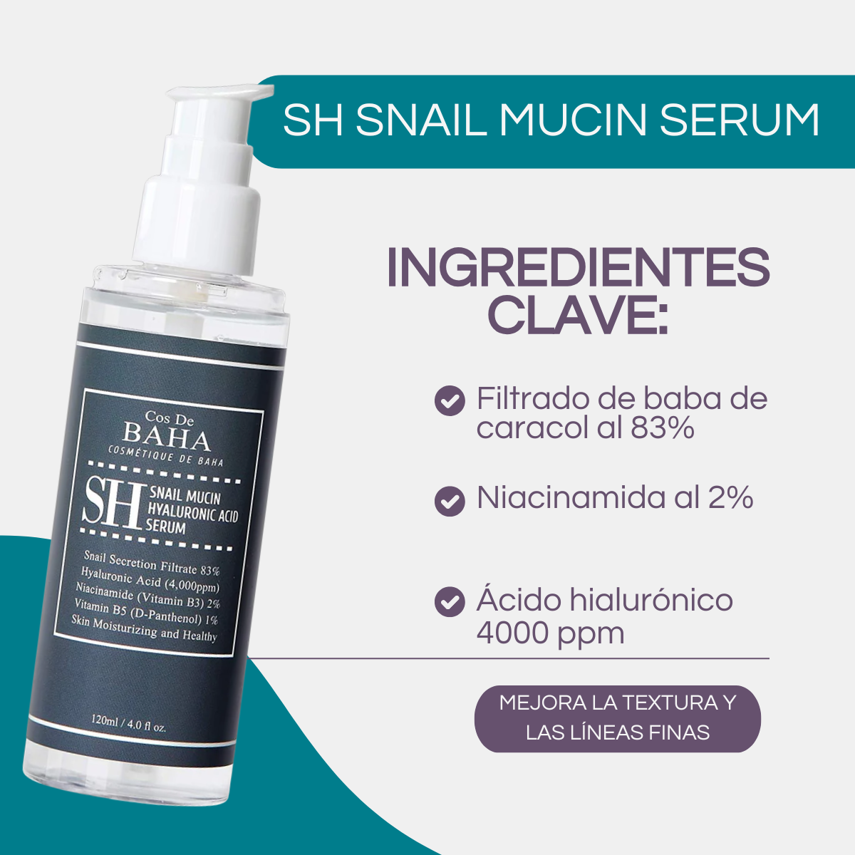 serum coreano de baba o mucina de caracol para lineas finas e hidratacion
