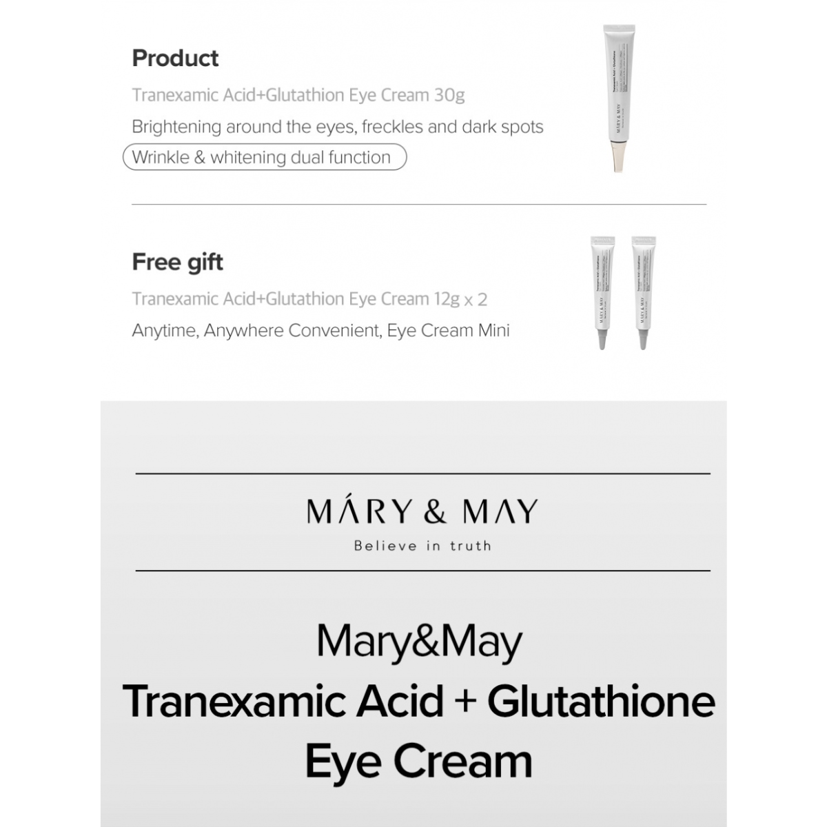 SET Crema Contorno Ojos Mary & May Tranexamic Acid +Glutathione Eye Cream 1+2